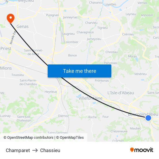 Champaret to Chassieu map