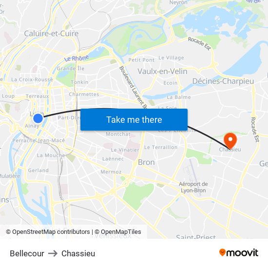 Bellecour to Chassieu map