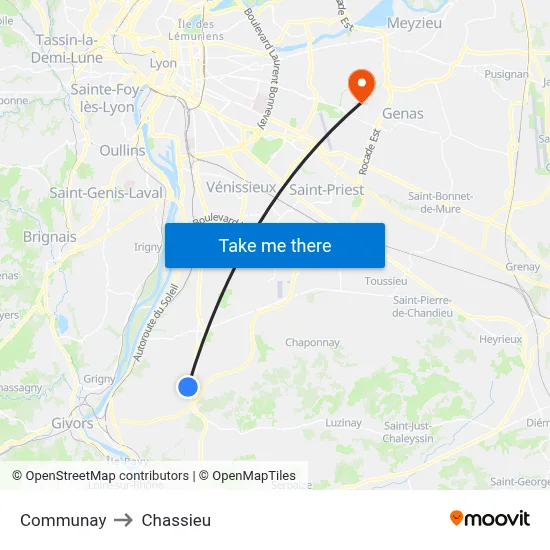 Communay to Chassieu map