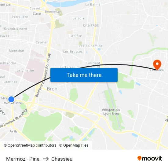 Mermoz - Pinel to Chassieu map