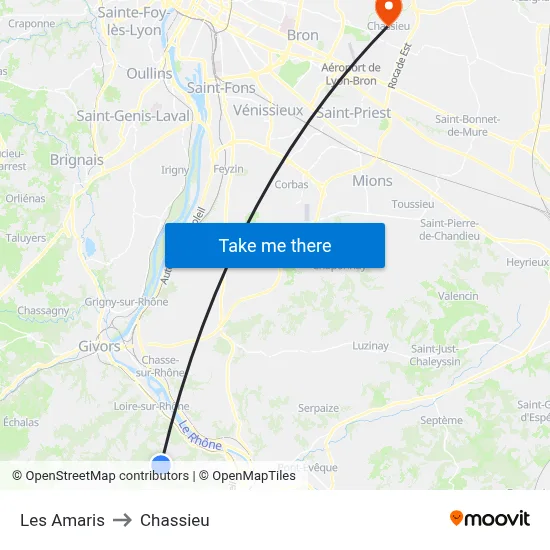 Les Amaris to Chassieu map