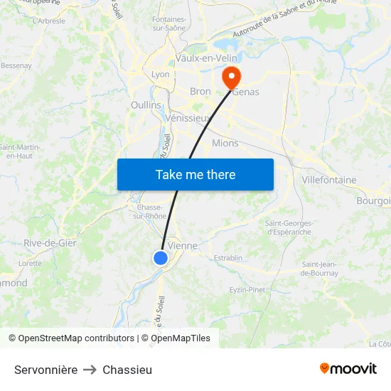 Servonnière to Chassieu map
