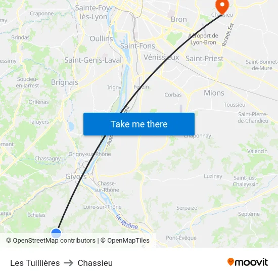 Les Tuillières to Chassieu map