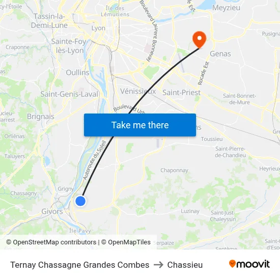 Ternay Chassagne Grandes Combes to Chassieu map
