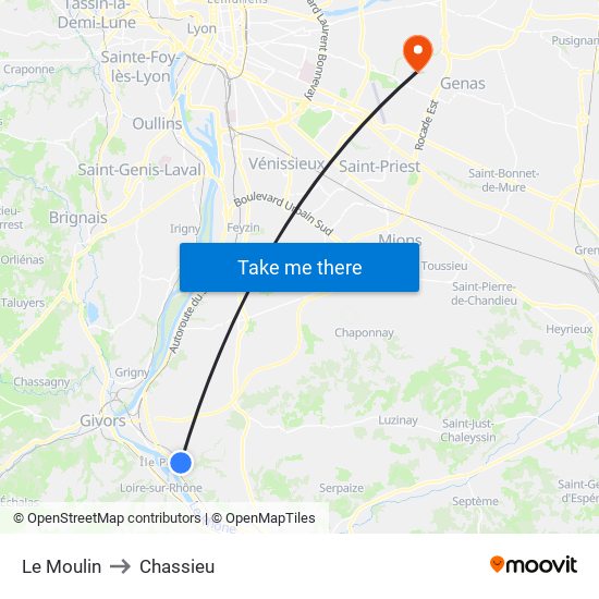 Le Moulin to Chassieu map