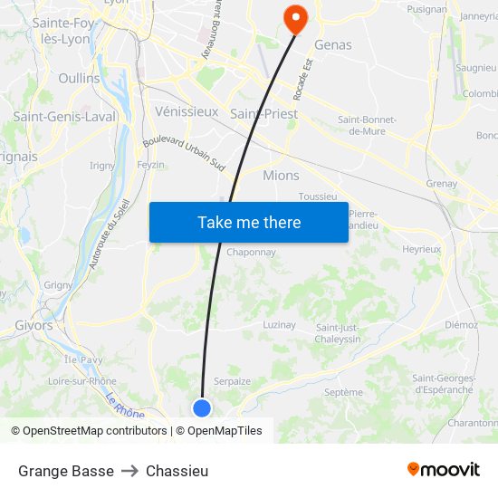 Grange Basse to Chassieu map