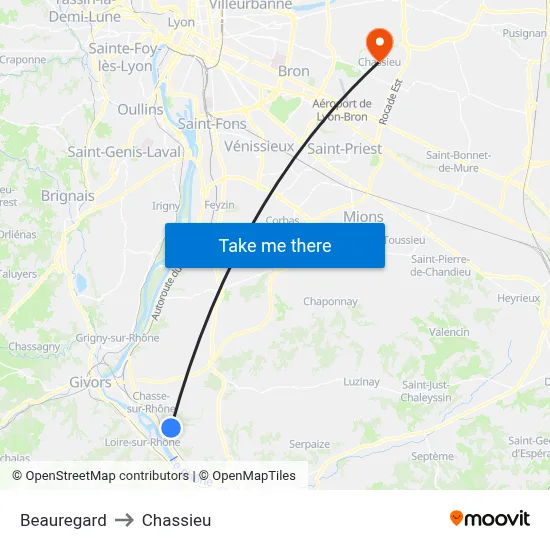 Beauregard to Chassieu map