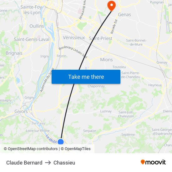 Claude Bernard to Chassieu map