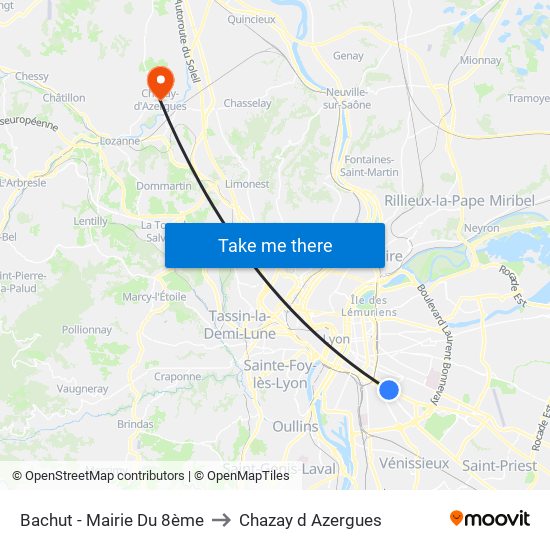 Bachut - Mairie Du 8ème to Chazay d Azergues map