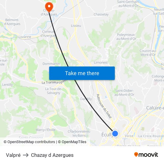 Valpré to Chazay d Azergues map