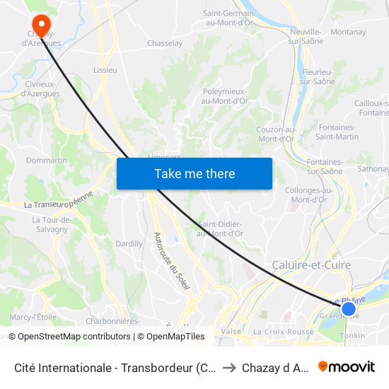 Cité Internationale - Transbordeur (Centre De Congrès) to Chazay d Azergues map