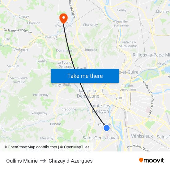 Oullins Mairie to Chazay d Azergues map
