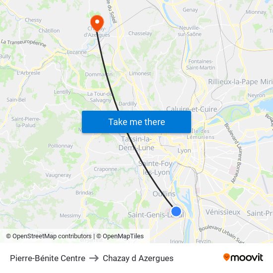 Pierre-Bénite Centre to Chazay d Azergues map
