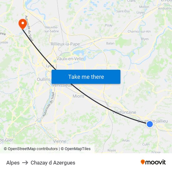 Alpes to Chazay d Azergues map