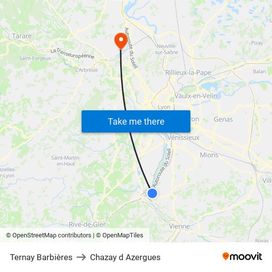 Ternay Barbières to Chazay d Azergues map