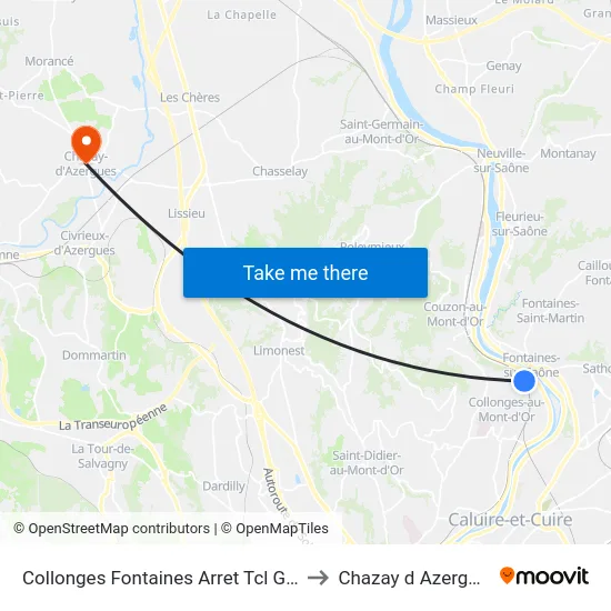 Collonges Fontaines Arret Tcl Gare to Chazay d Azergues map