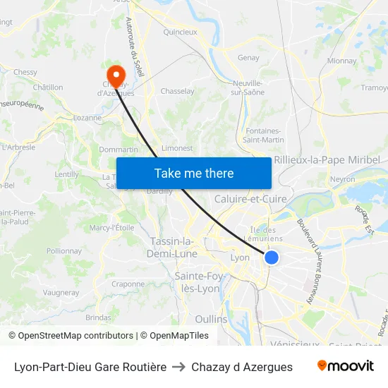 Lyon-Part-Dieu Gare Routière to Chazay d Azergues map