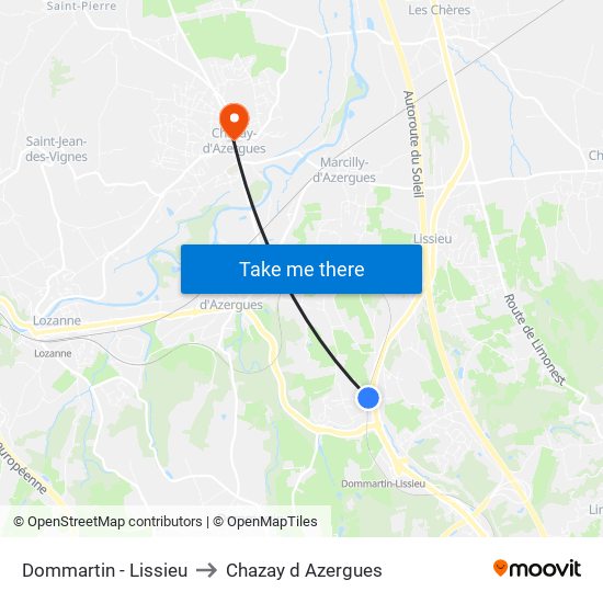 Dommartin - Lissieu to Chazay d Azergues map