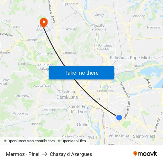 Mermoz - Pinel to Chazay d Azergues map