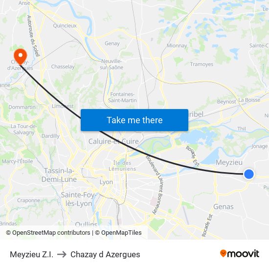 Meyzieu Z.I. to Chazay d Azergues map