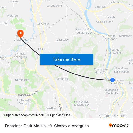 Fontaines Petit Moulin to Chazay d Azergues map