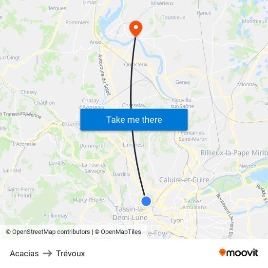 Acacias to Trévoux map