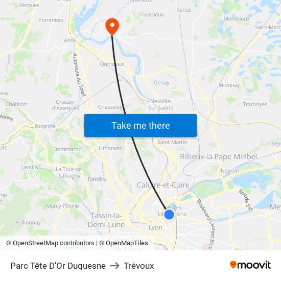 Parc Tête D'Or Duquesne to Trévoux map