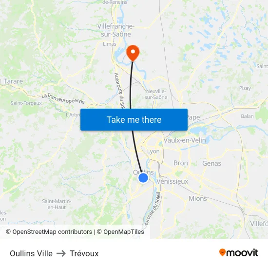 Oullins Ville to Trévoux map