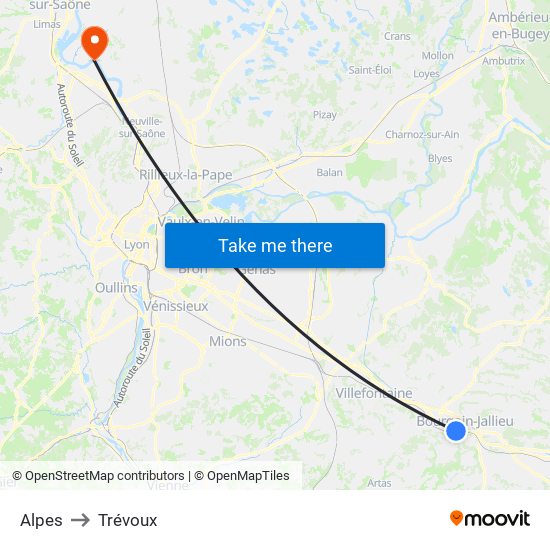 Alpes to Trévoux map