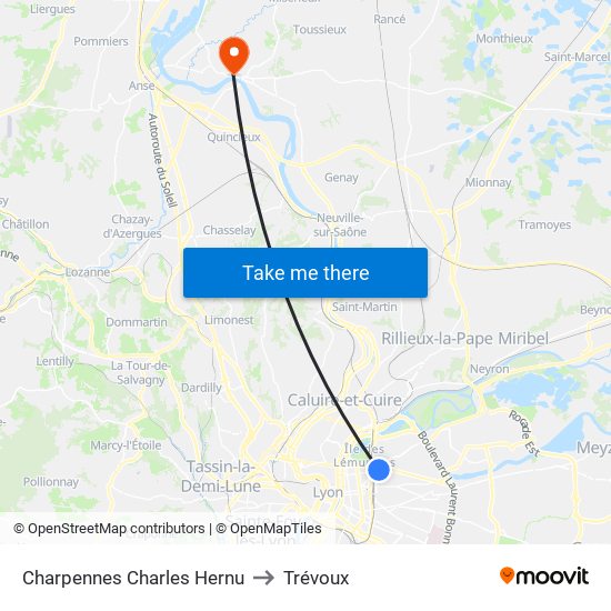 Charpennes Charles Hernu to Trévoux map