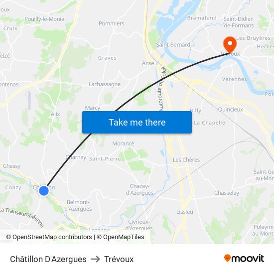 Châtillon D'Azergues to Trévoux map