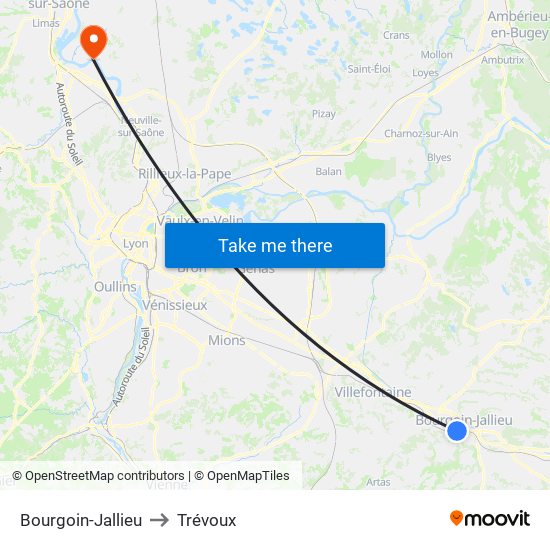 Bourgoin-Jallieu to Trévoux map