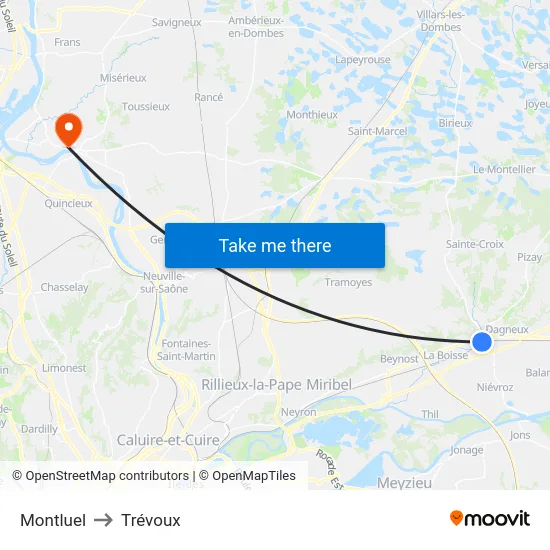 Montluel to Trévoux map