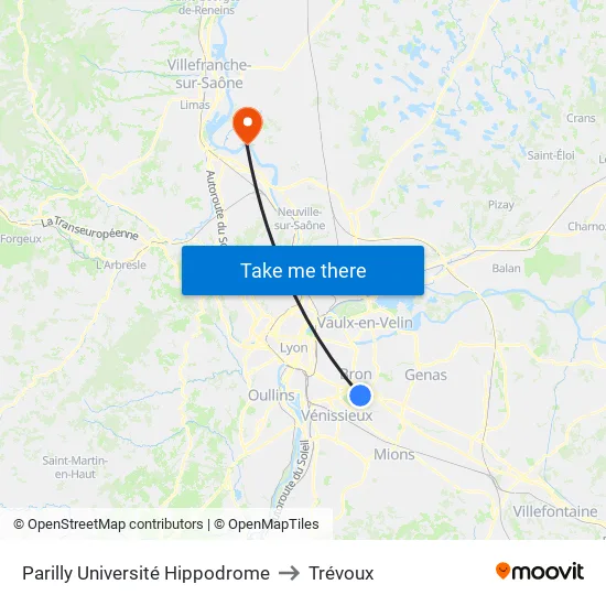 Parilly Université Hippodrome to Trévoux map