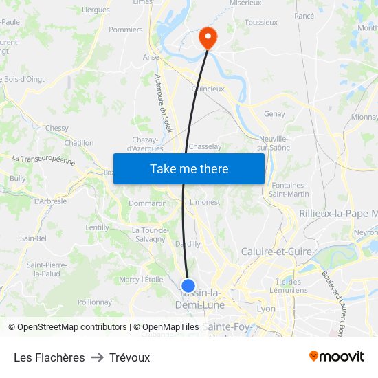 Les Flachères to Trévoux map