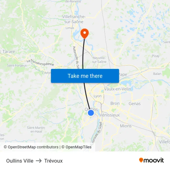 Oullins Ville to Trévoux map