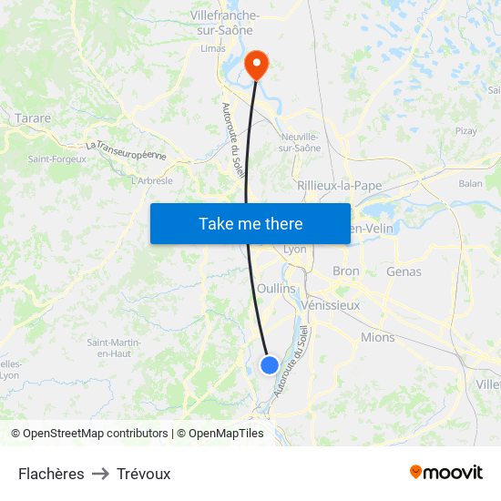 Flachères to Trévoux map