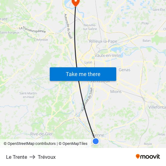 Le Trente to Trévoux map