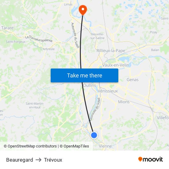 Beauregard to Trévoux map