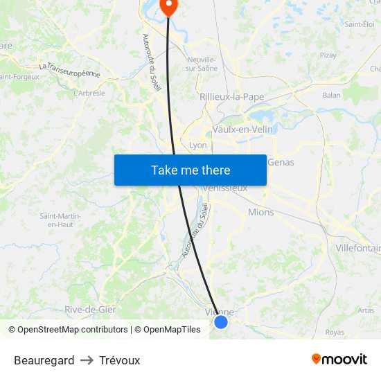 Beauregard to Trévoux map