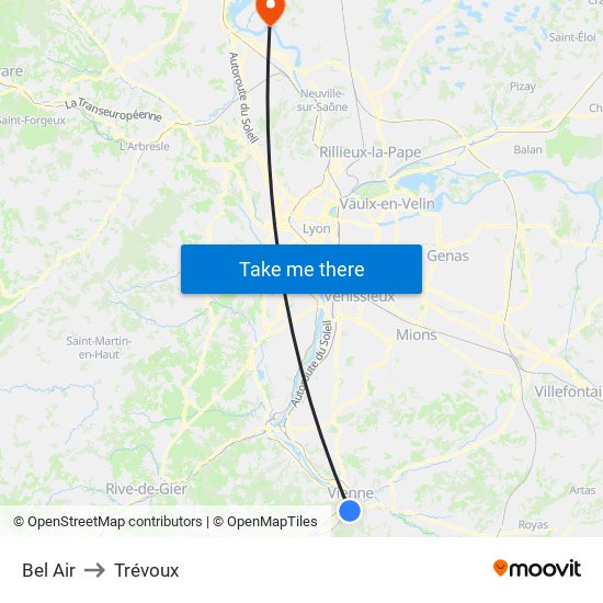 Bel Air to Trévoux map
