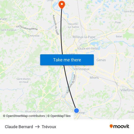 Claude Bernard to Trévoux map