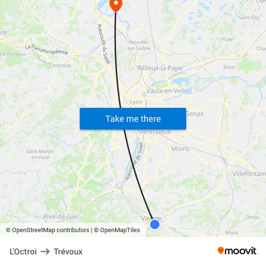 L'Octroi to Trévoux map