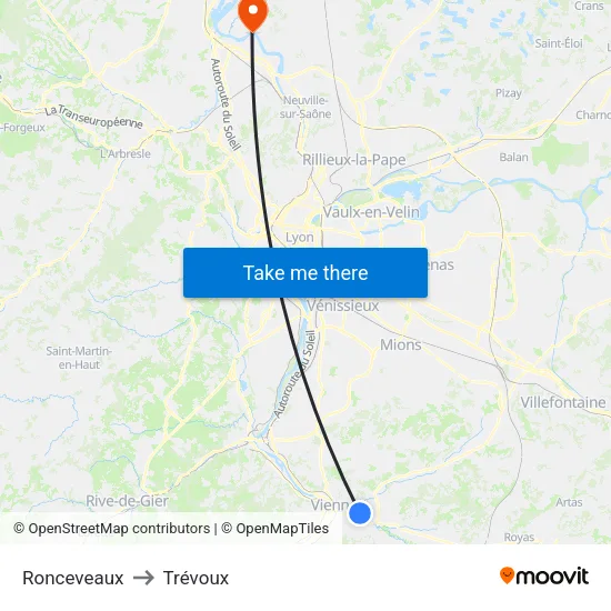 Ronceveaux to Trévoux map