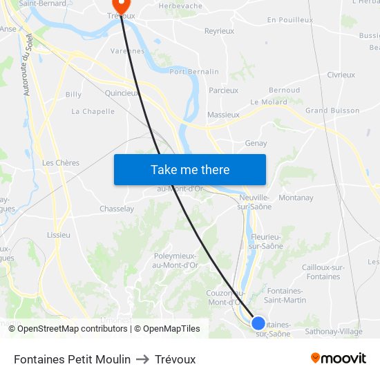 Fontaines Petit Moulin to Trévoux map