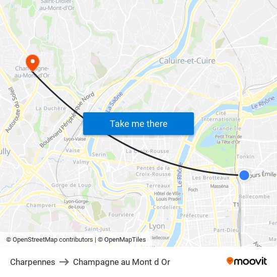 Charpennes to Champagne au Mont d Or map