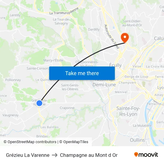 Grézieu La Varenne to Champagne au Mont d Or map