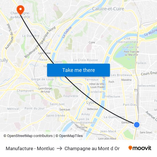 Manufacture - Montluc to Champagne au Mont d Or map