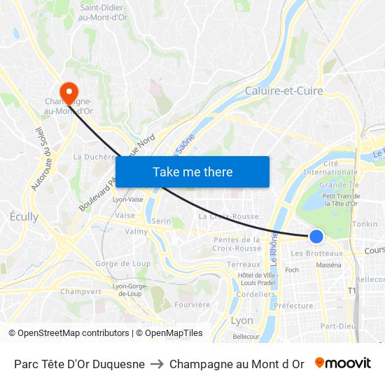 Parc Tête D'Or Duquesne to Champagne au Mont d Or map