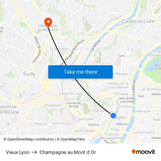 Vieux Lyon to Champagne au Mont d Or map
